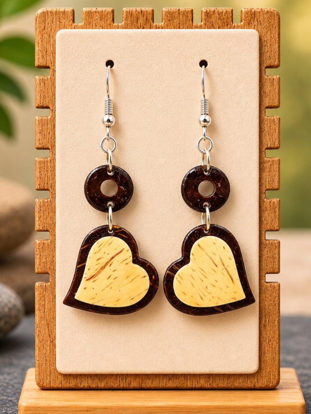 Two-Tone Wood Heart Drop Earrings